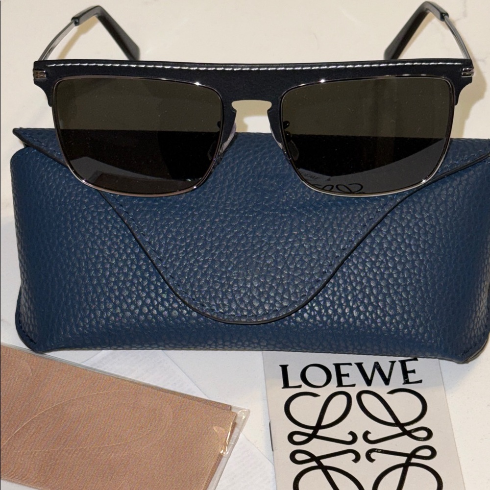 Loewe Leather Top-Bar Sunglasses with Black Lenses and White Stitching